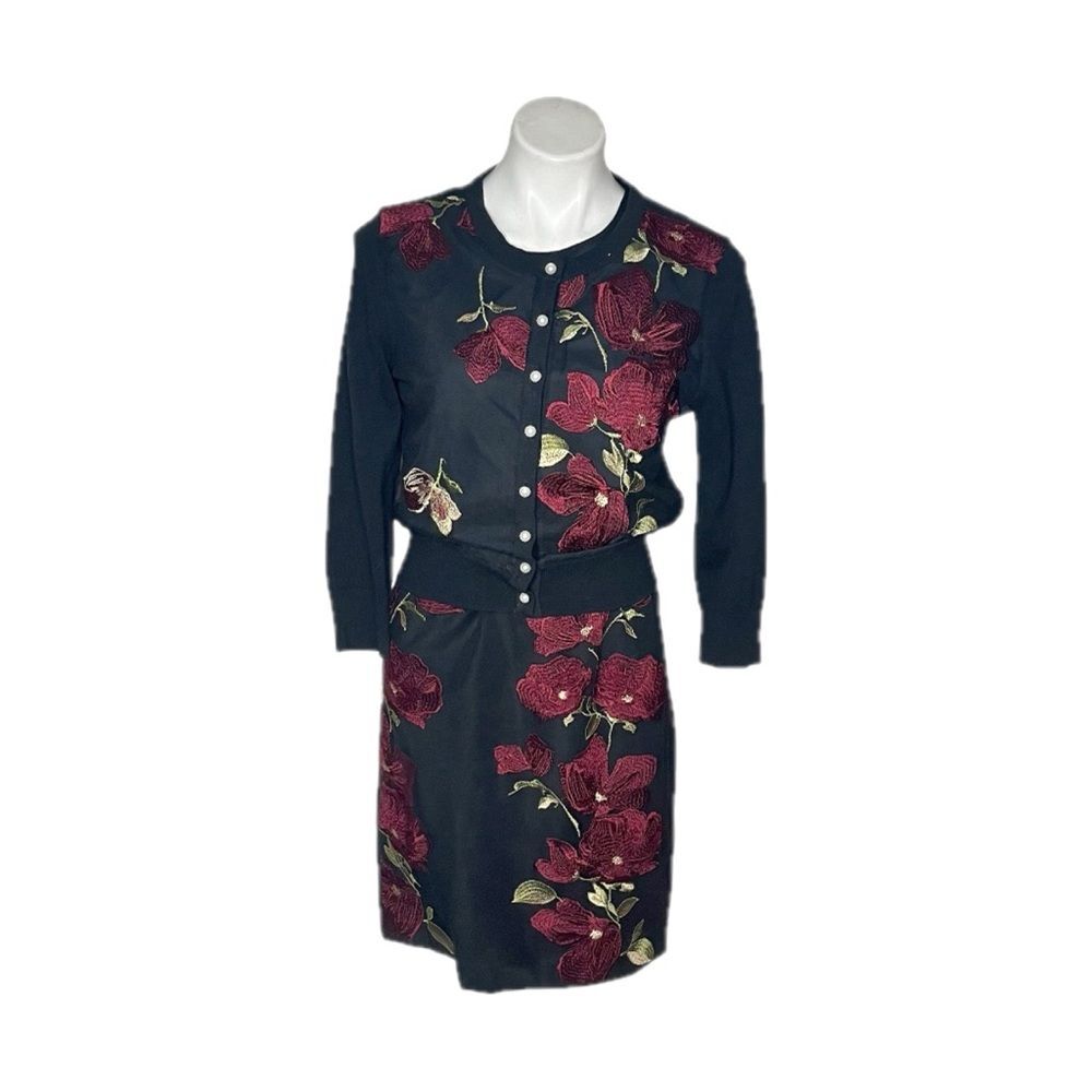 KARL LAGERFELD Black Dress Cardigan Floral Embroidery 2 Piece Sleeveless Size 6
